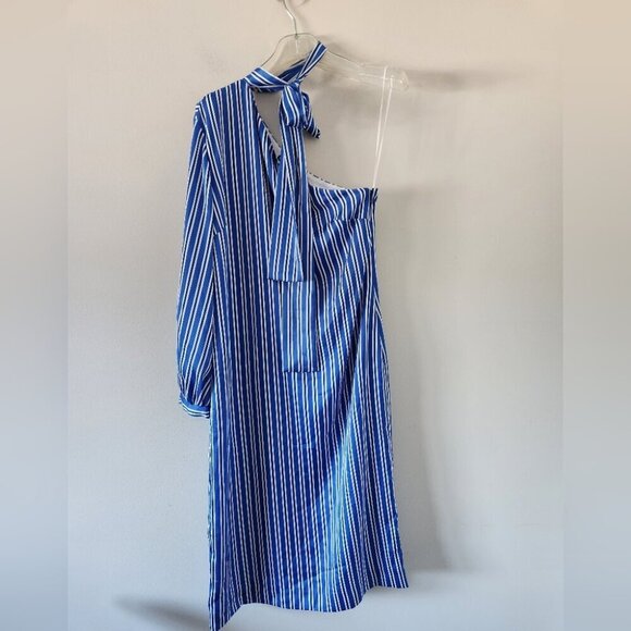 NWT BANANA REPUBLIC | One Shoulder Bow Detail Stripe Dress Blue White Sz 6 - Picture 2 of 8